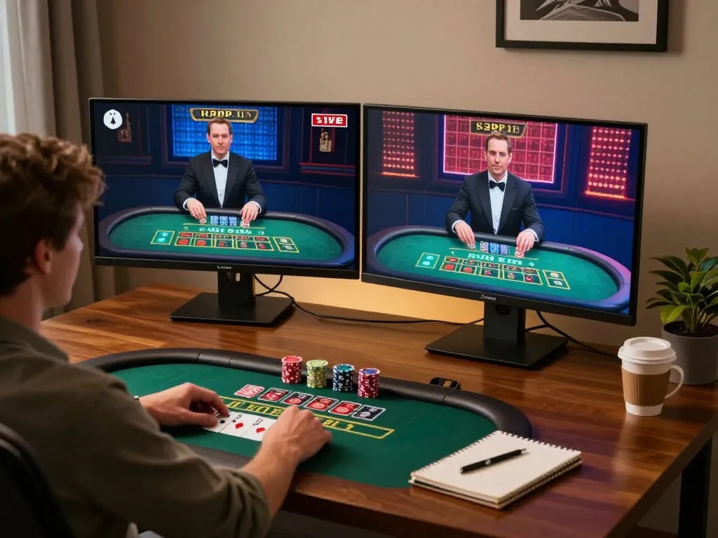 Bangsawan88gg user enjoys live blackjack at a stylish home setup with dual screens and strategic notes.