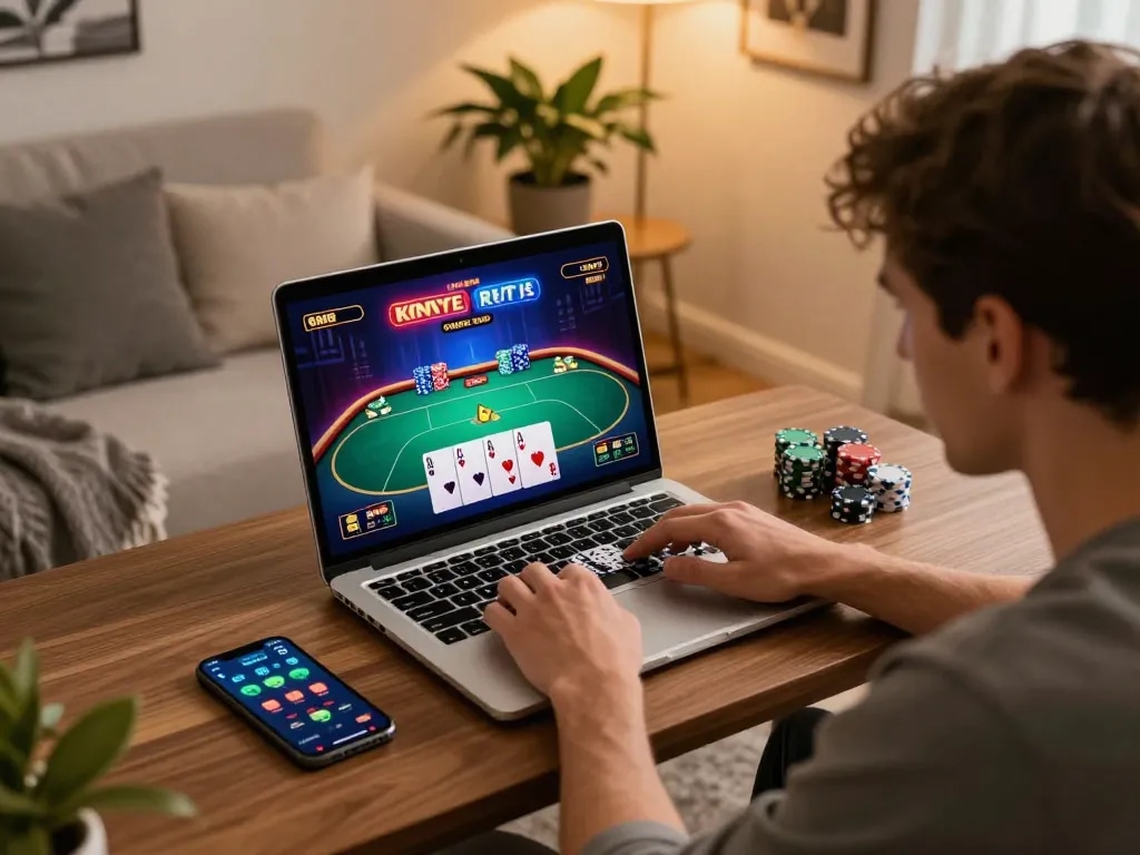 Engaging player enjoying HM88 online poker game on a laptop with vibrant graphics.