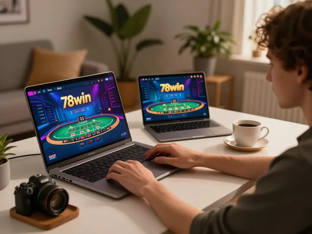 Engaging in exciting gameplay at 78win casino on a modern laptop with a cozy atmosphere.