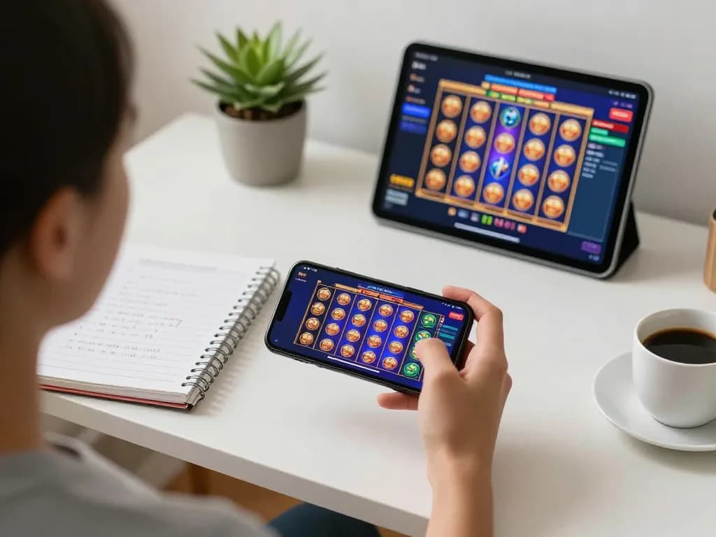 Engaging in oli 4d mobile gaming experience with vibrant slot interface and strategic planning materials.