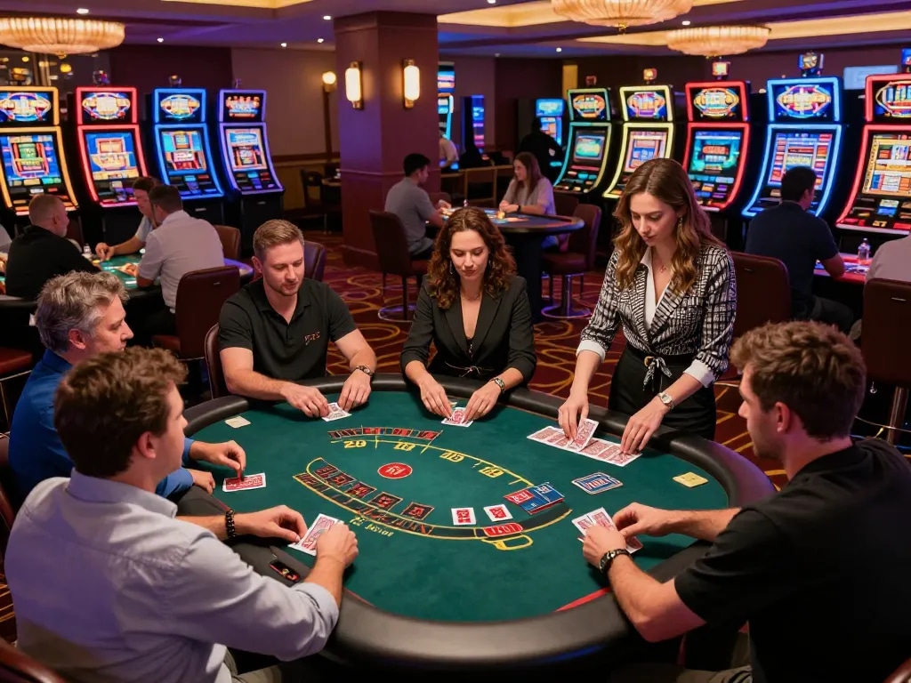 Players engaging in blackjack at a lively casino table, showcasing the dynamic atmosphere of https://shbetac.co.