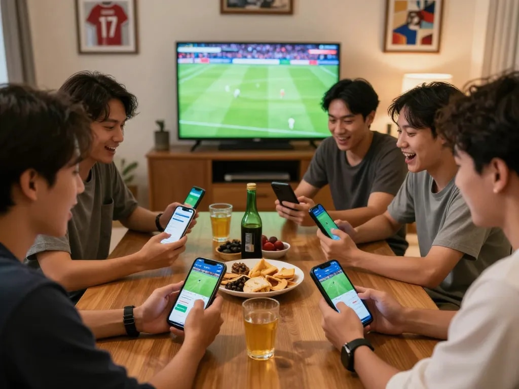 Teman-teman terlibat dalam taruhan judi bola online dengan semangat di ruang tamu yang nyaman.