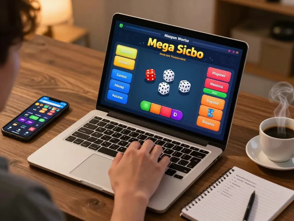 Mega Sicbo gaming experience featuring dice rolling on a laptop during an online session, showcasing vibrant gameplay