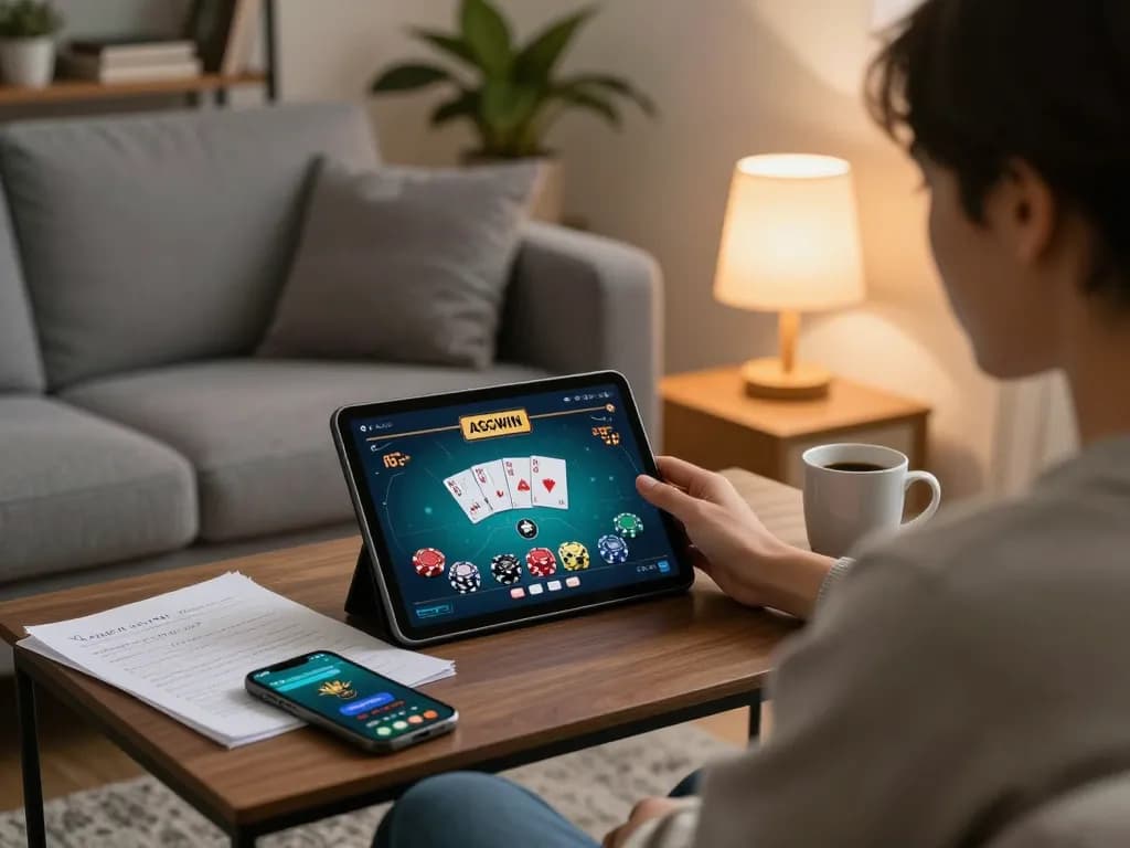 Berinteraksi dengan strategi poker AGCWIN di rumah dalam ruang tamu yang nyaman dengan catatan dan aplikasi kasino.