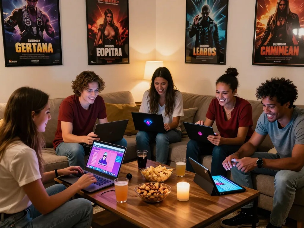 Group enjoying sex games together in a cozy living room setting with devices and snacks.