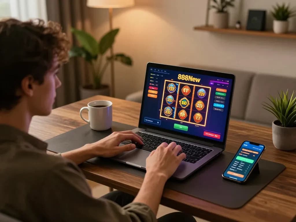 Engaging with the 888New casino app on a stylish gaming setup, showcasing vibrant graphics.