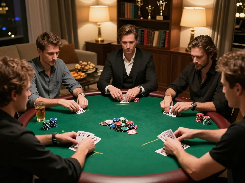 rikvip players engaged in an intense home poker game, focused on strategy and winning.