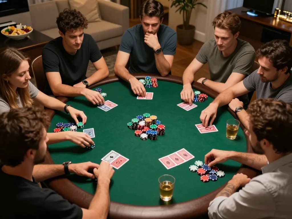 Engaged players showcasing strategy at home poker game with tx88 chips and vibrant atmosphere.