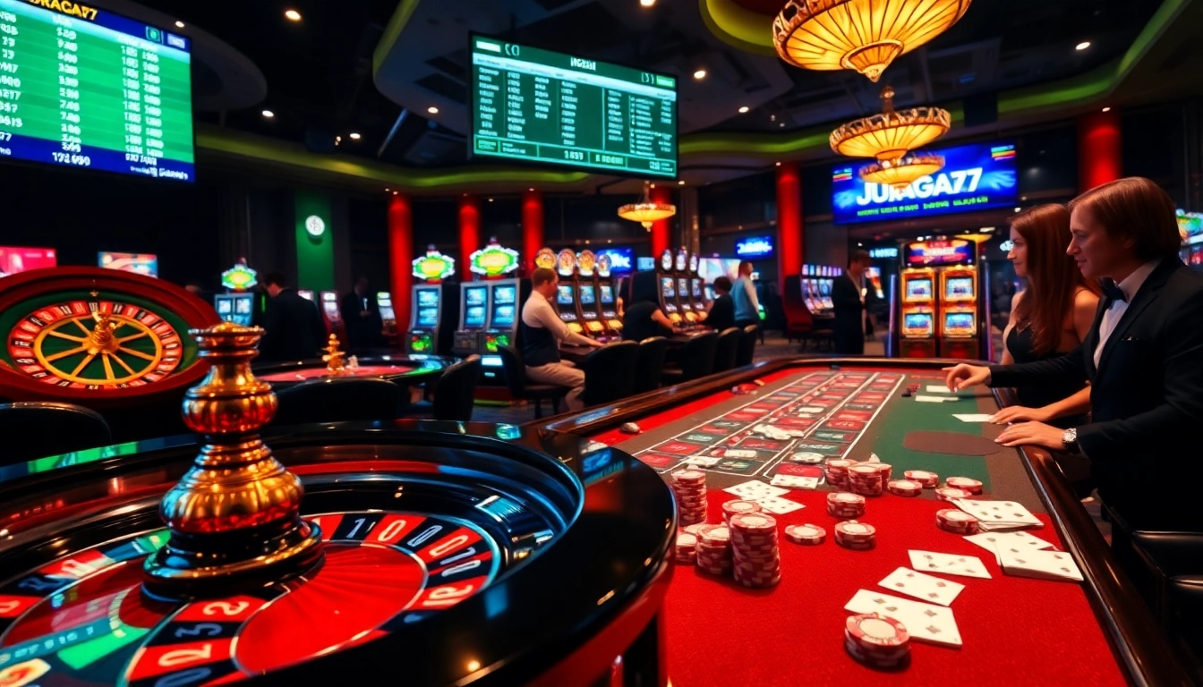 Experience the excitement of juragan77 at a vibrant casino featuring roulette wheels and poker tables.