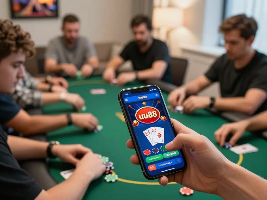uu88 players enjoying online gambling games on devices, showcasing a lively digital casino atmosphere.