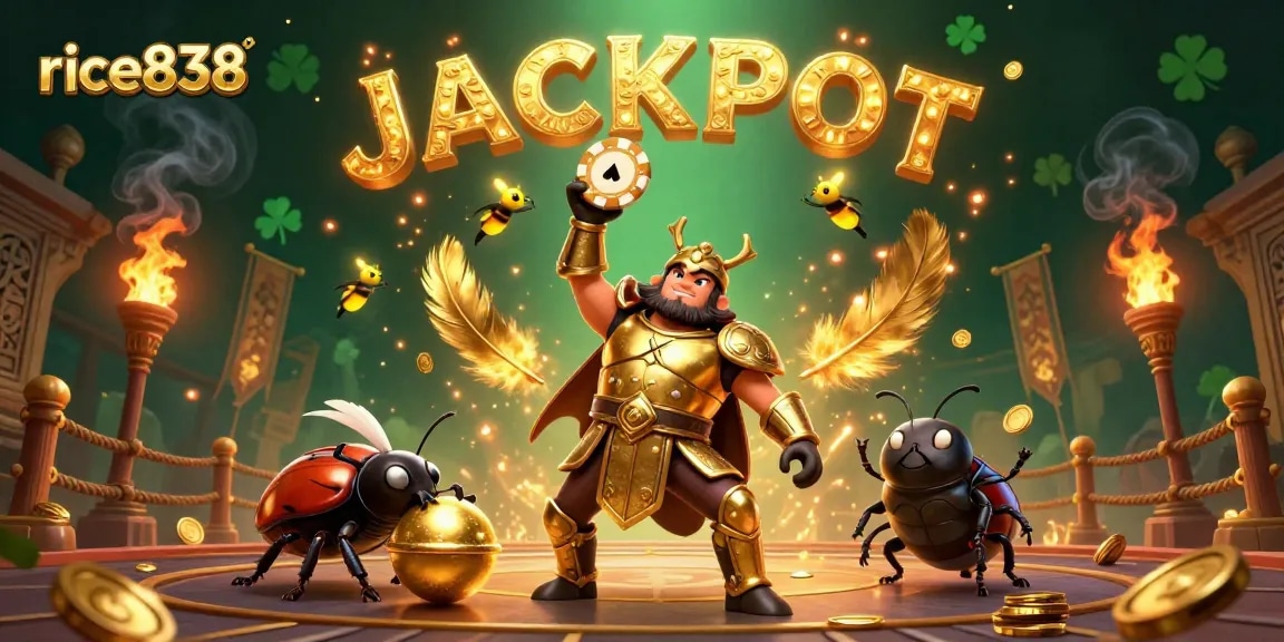 Spin the jackpot wheel with rice838's thrilling casino adventure amidst glowing elements and vibrant action.