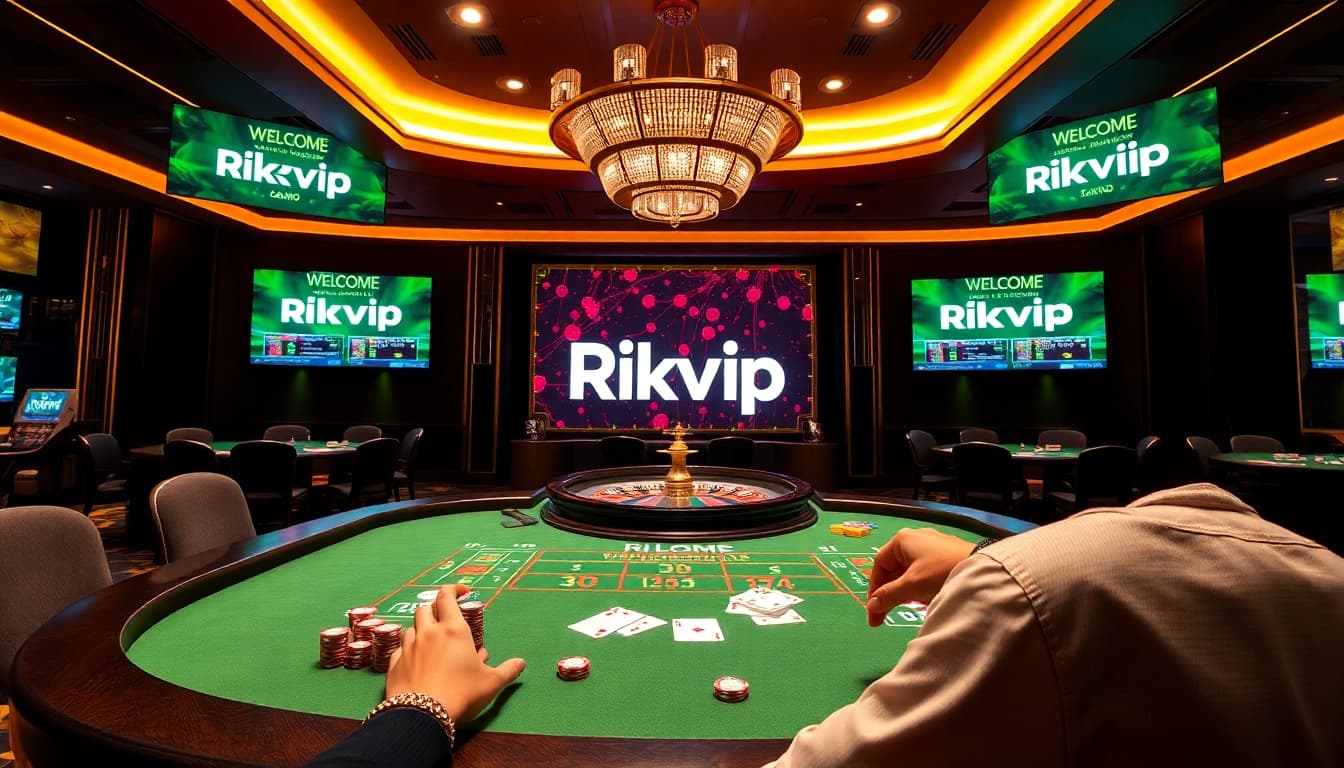 Rikvip gaming interface with players at a poker table in an elegant casino setting.