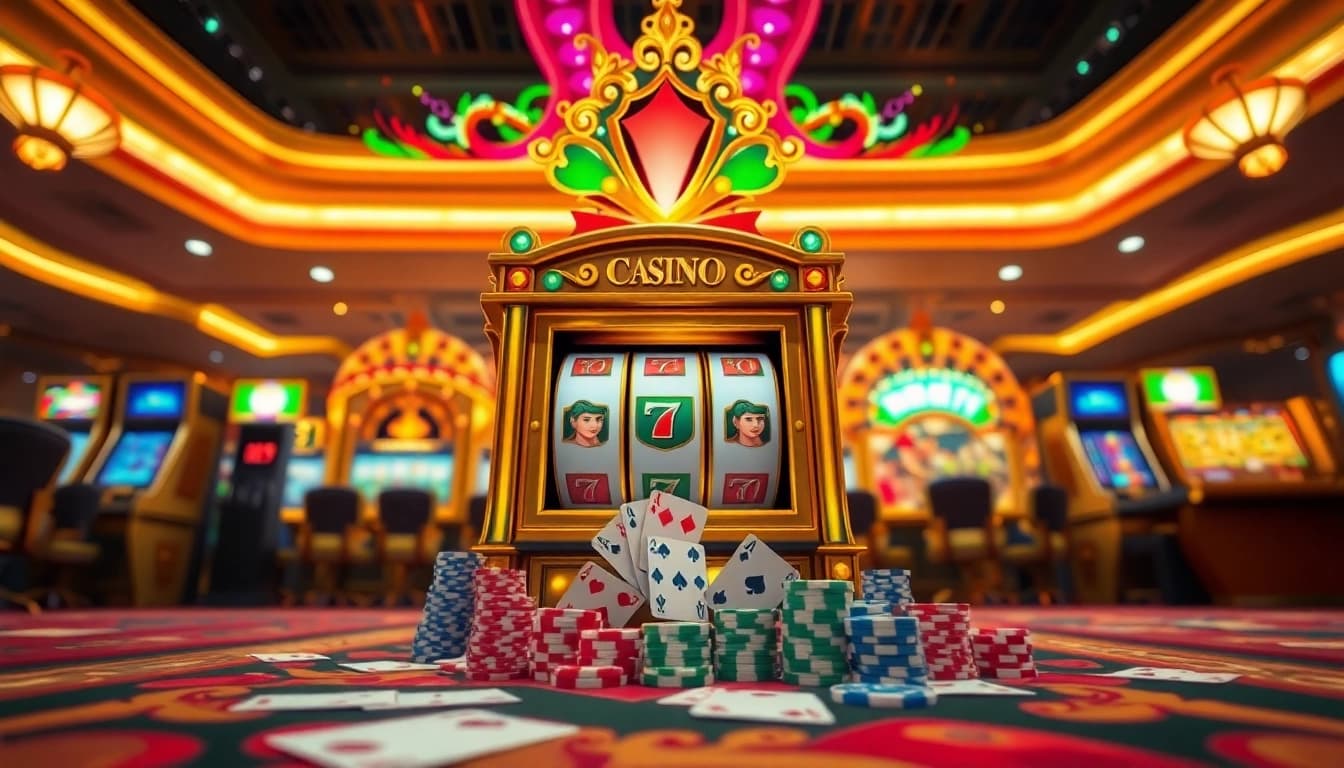 Nổ Hũ Đổi Thưởng: Exciting slot machine in a vibrant casino environment filled with poker chips and cards.