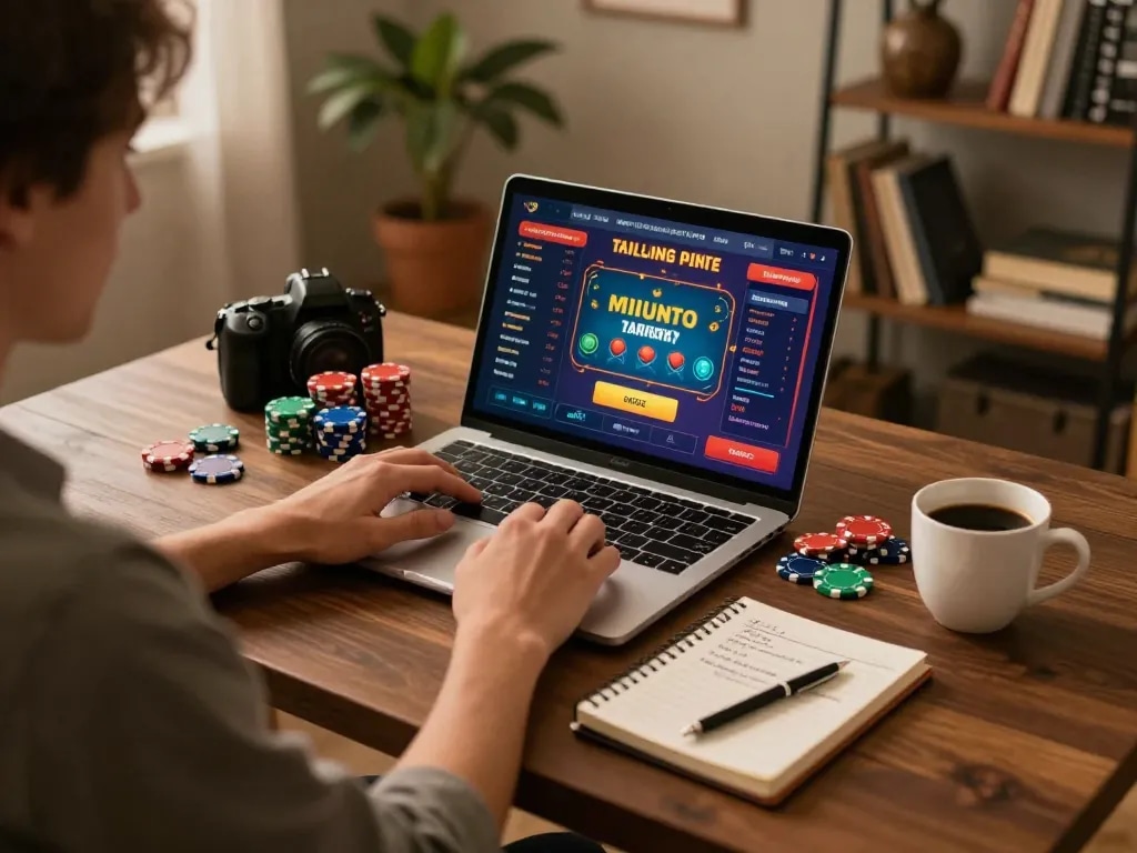 Player enjoying non gamstop casinos on a laptop, surrounded by gaming materials in a cozy home setting.