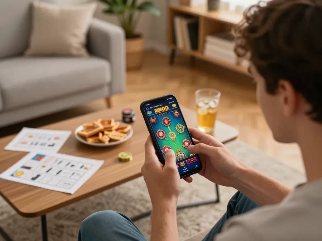 Player engaging with the MMOO online casino app in a cozy living room.