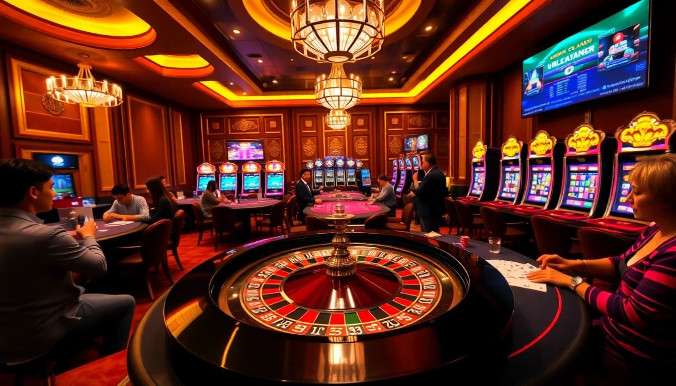Experience Lô Đề Trực Tuyến with a luxurious casino setting showing players in action.