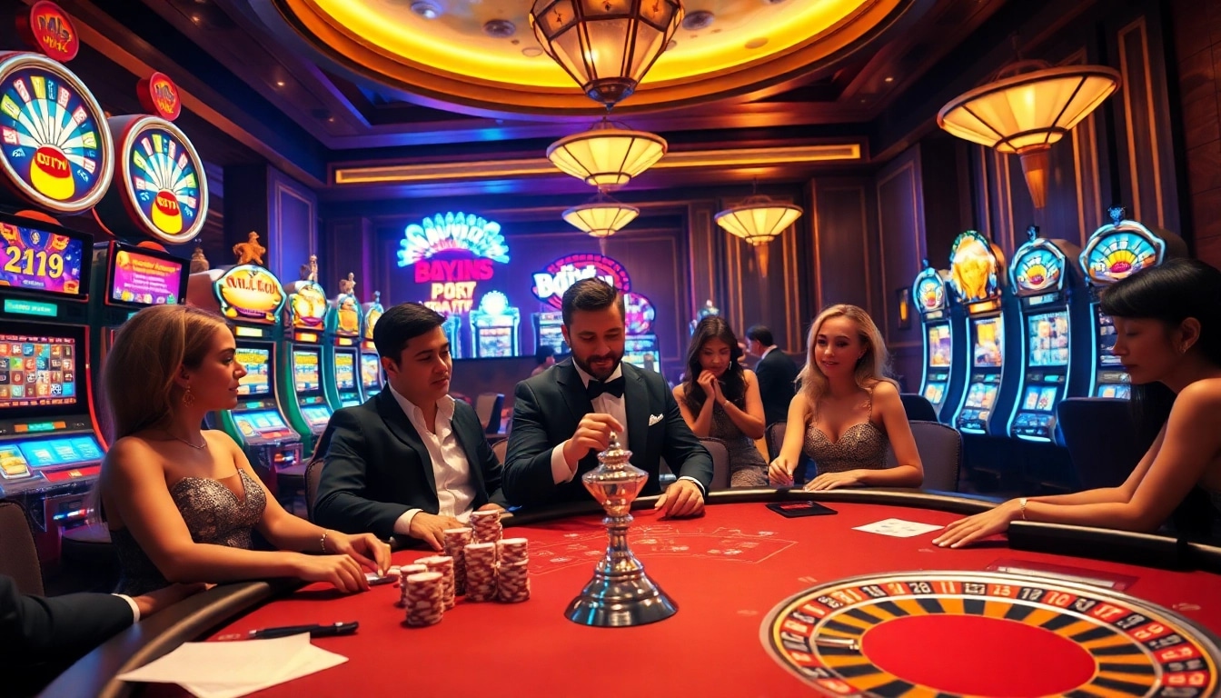 Excitement at 23win06 gaming tables featuring vibrant slot machines and poker players.