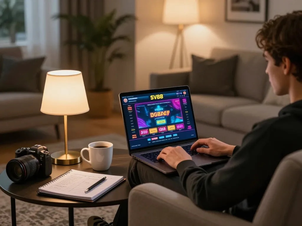 Player engaged with SV88 online casino interface on laptop, showcasing strategic gambling environment