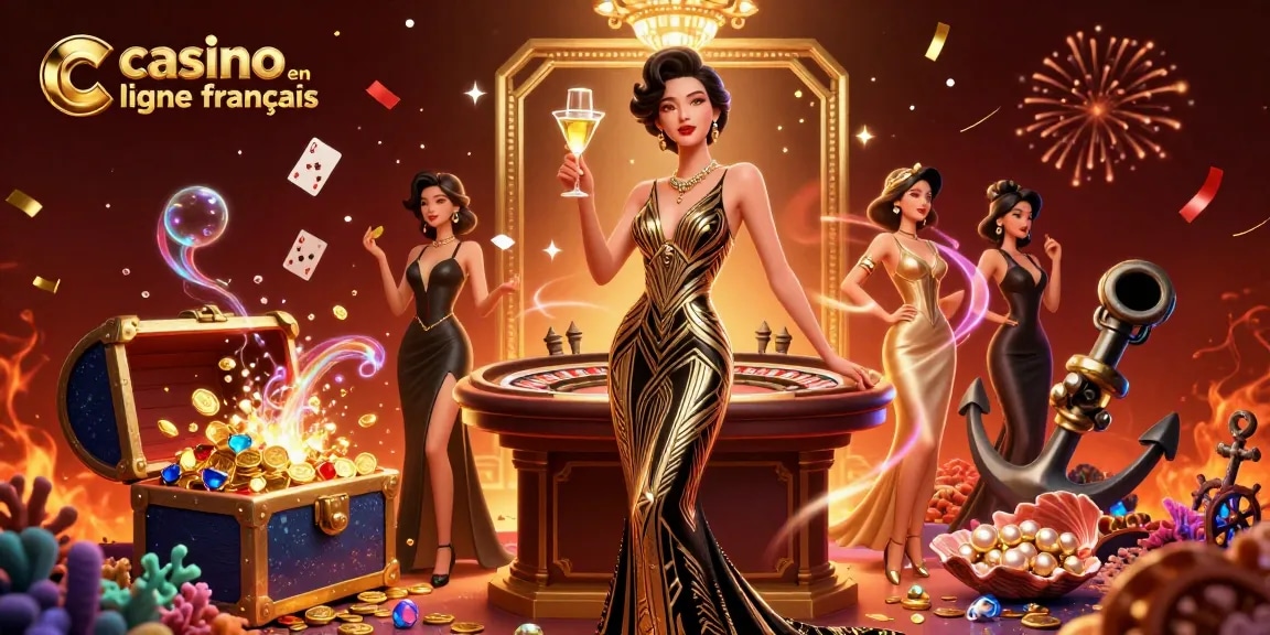 Vivez l'élégance dans un casino en ligne français avec une scène glamour, mettant en vedette une femme asiatique entourée de richesse et de joie.