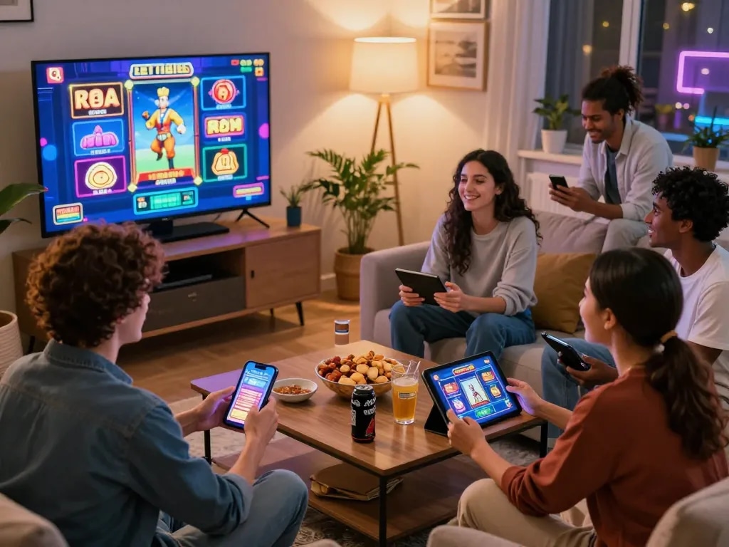 Friends enjoying digital slot games together, highlighting the engaging gaming atmosphere at https://blackmomsblog.com/about/.