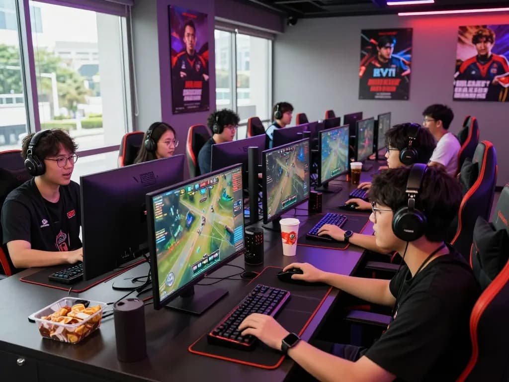 Exciting esports betting scene in Singapore showcasing diverse players at gaming stations analyzing tournaments on large screens from the esports betting guide.