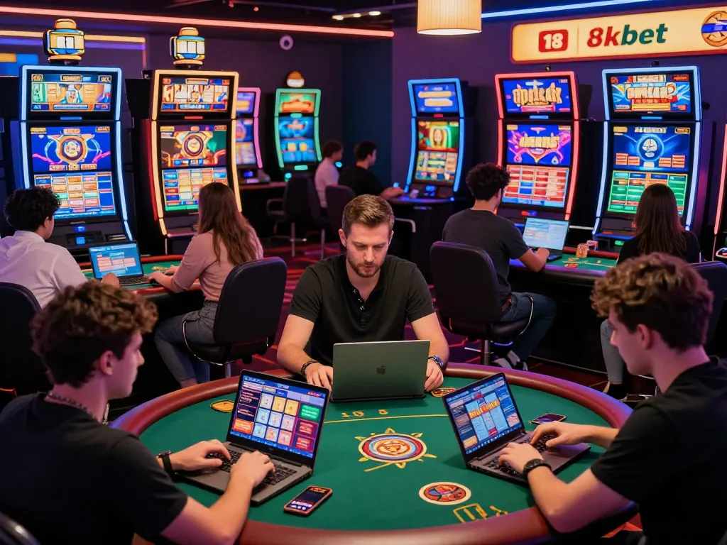 Players immersed in the thrilling world of online gambling at 8kbet, engaging with various casino games.