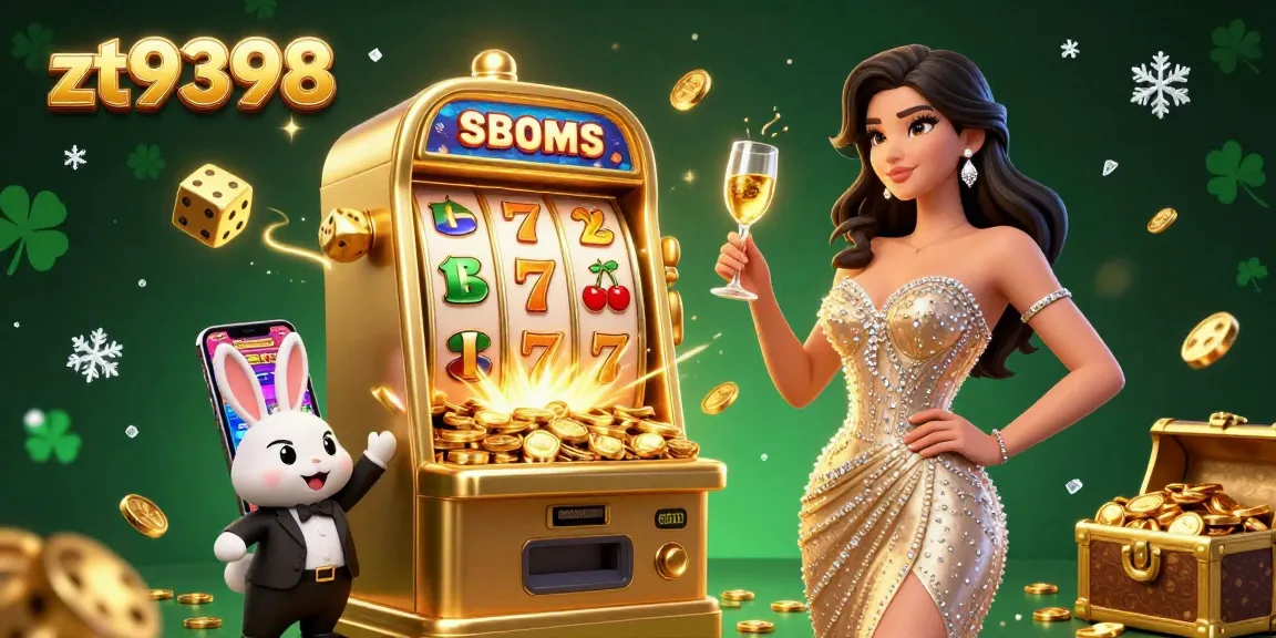 Experience the excitement of zt9398 with a vibrant scene of a woman toasting beside a jackpot slot machine.