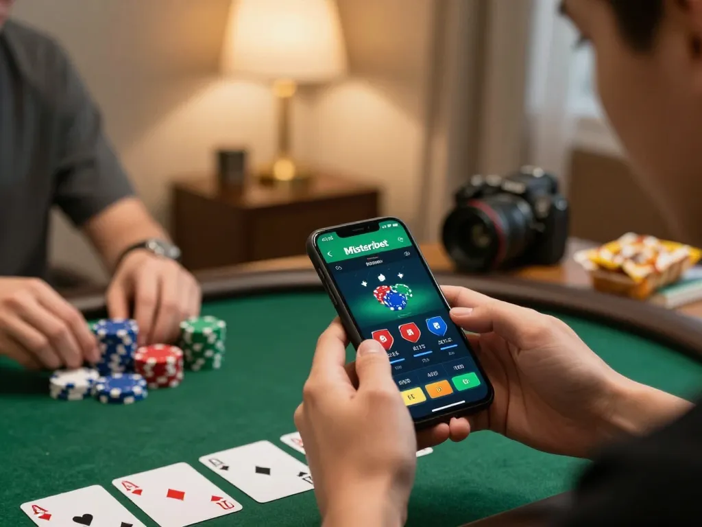 Misteribet app screenshot shows thrilling poker gameplay while strategizing at home.