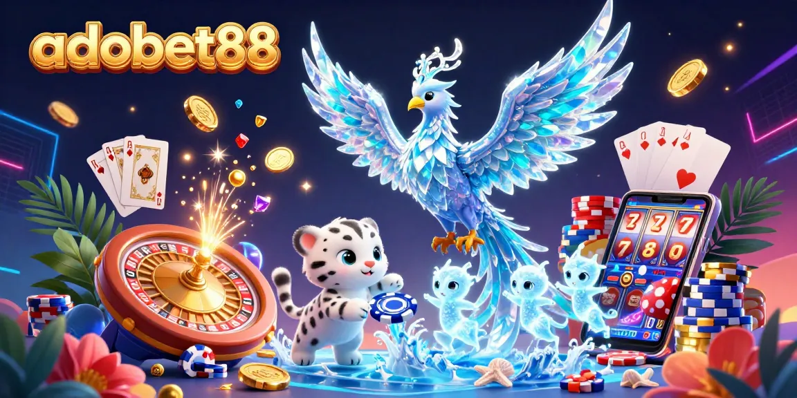 Spin and win at adobet88 with a vibrant illustration showcasing an ice phoenix, glowing sprites, and dynamic casino elements.