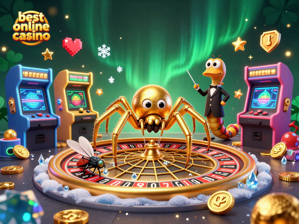 Witness the best online casino action as characters spin a golden web of gaming excitement in this 3D illustration.