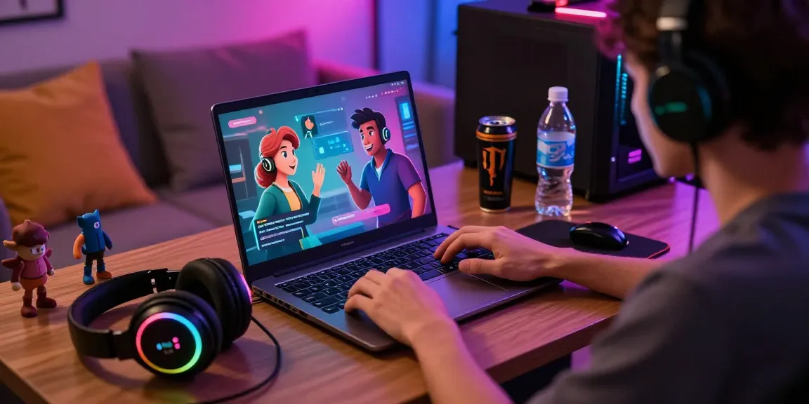 Engaging in AI NSFW chat on a laptop with vibrant ambient lighting.