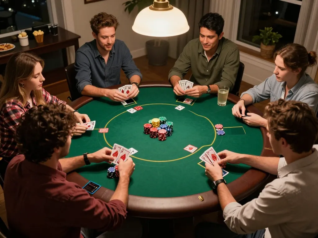 Players enjoying a thrilling poker game at home, showcasing strategic play and excitement with 78win.
