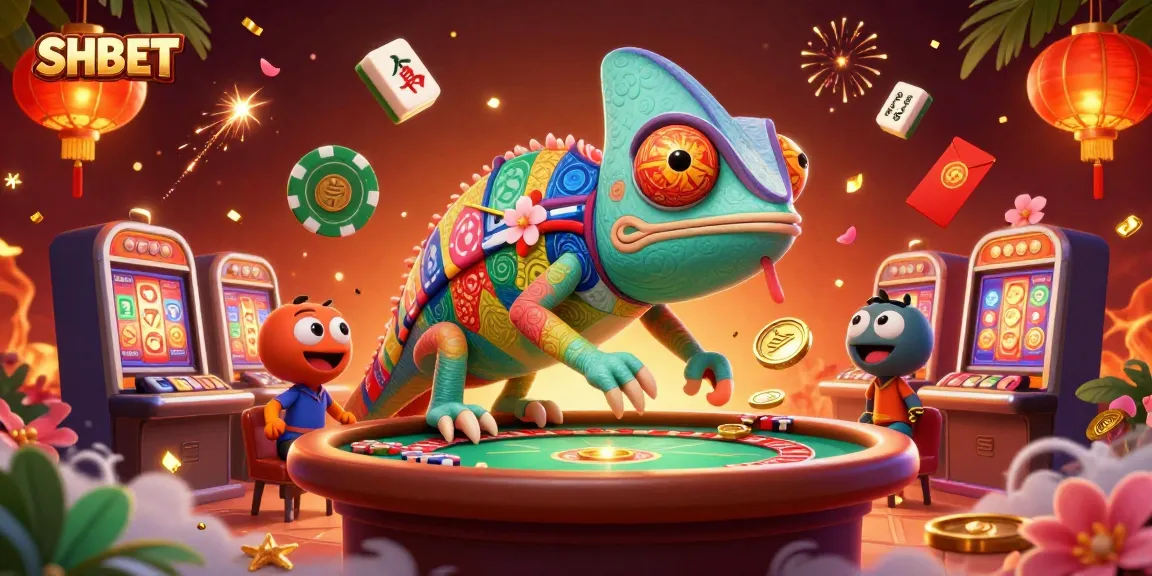 SHBET casino owner chameleon captures golden coins in a vibrant, festive atmosphere