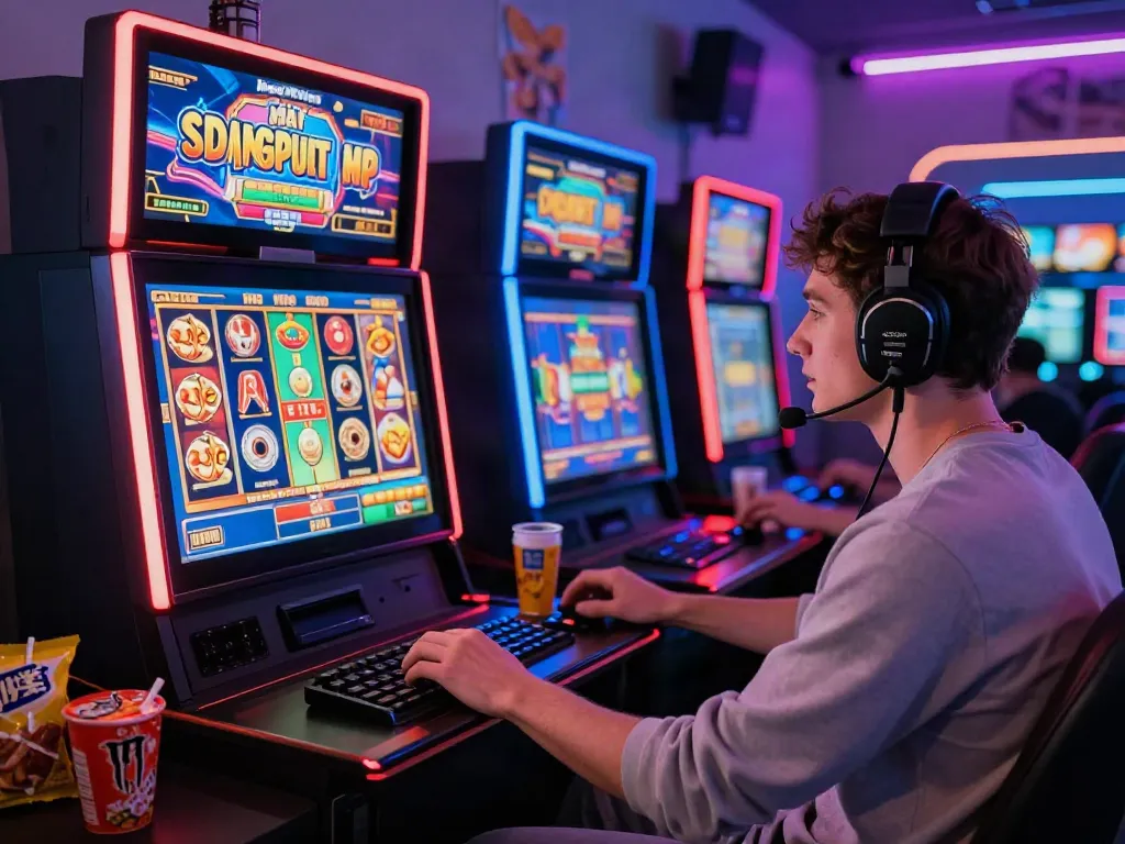 A thrilling akunjp online gaming experience with a player immersed in colorful slot machine graphics.