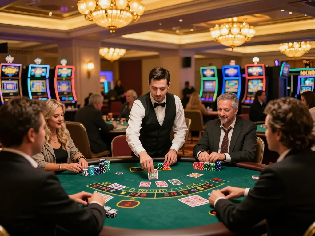 Players enjoying an engaging blackjack game at NK88 casino with vibrant decor and warm lighting.