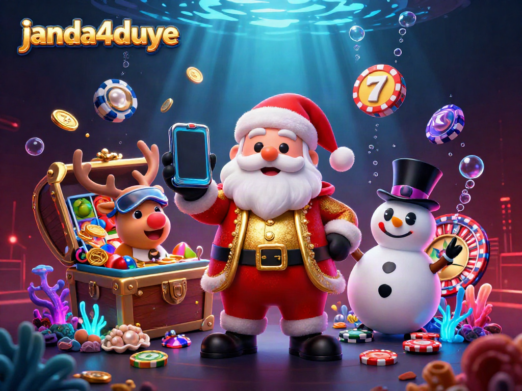 JANDA4DUYE menghadirkan suasana kasino dengan Santa Claus yang membawa smartphone jackpot, dikelilingi elemen permainan menawan.