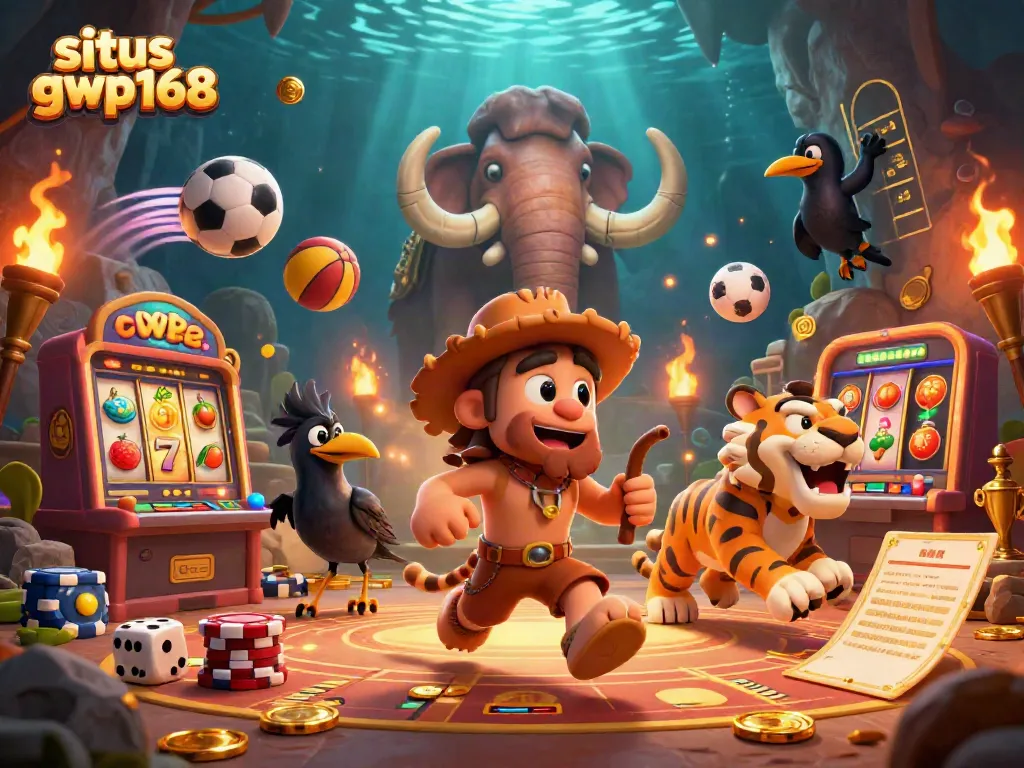 Ilustrasi 3D situs gwp168 dengan karakter gua dan harimau sabertooth di kasino prasejarah