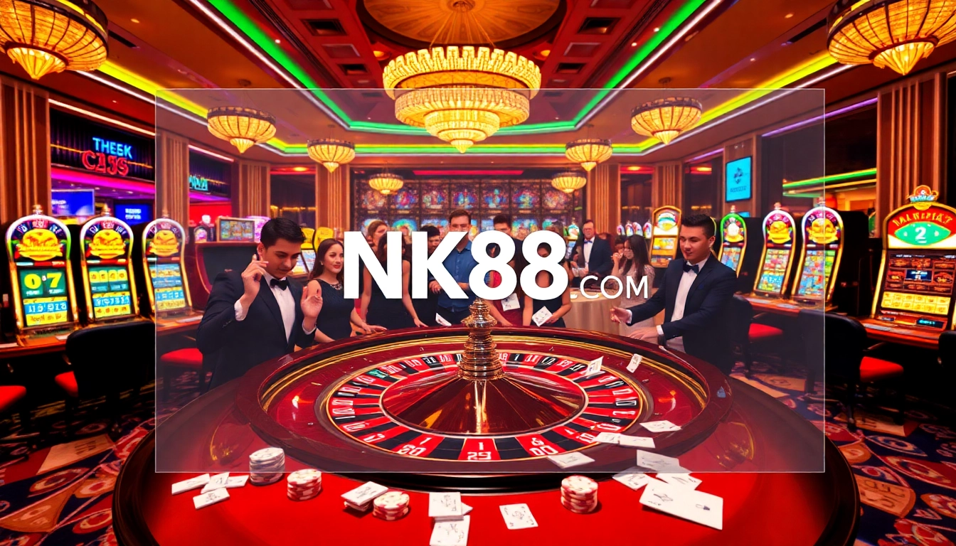 Interactive gaming experience at NK88.COM with vibrant slot machines and roulette table action.