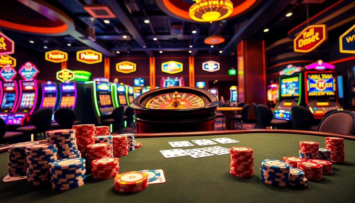Engaging scene of 188bet poker players at a vibrant casino table with chips and cards.