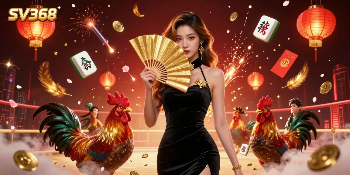Experience the thrill of SV368 with stunning visuals of an elegant Asian woman in a vibrant cockfighting scene.
