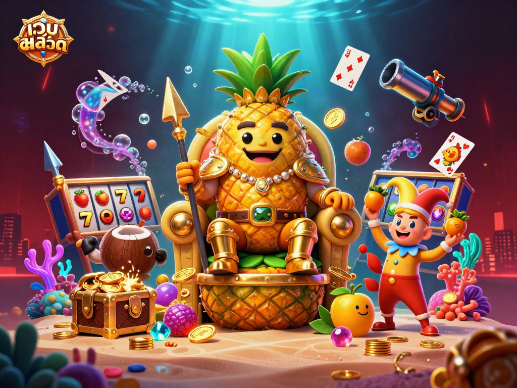 Experience thrill and excitement with เว็บสล็อต as the golden pineapple king reigns in a vibrant casino scene.