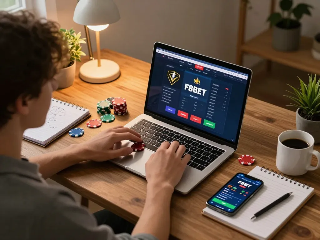 Engaging with F8BET online gaming interface on a laptop, showcasing strategic gameplay in a cozy home setting.