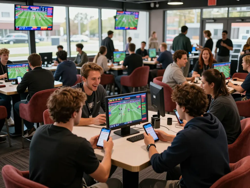 Excited sports fans placing bets with the go8 com app in a vibrant lounge atmosphere.