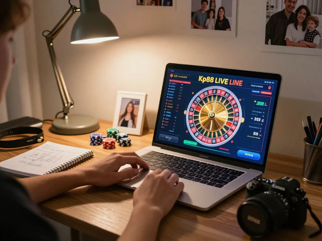 Player engaging in kp88 live casino on laptop, showcasing vibrant roulette interface and cozy environment