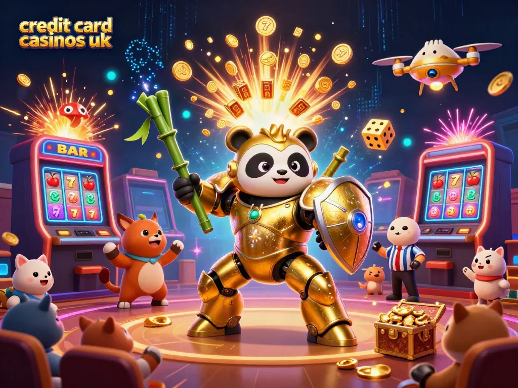 Exciting scene depicting a mech-suit panda in a colorful casino setting for credit card casinos uk.
