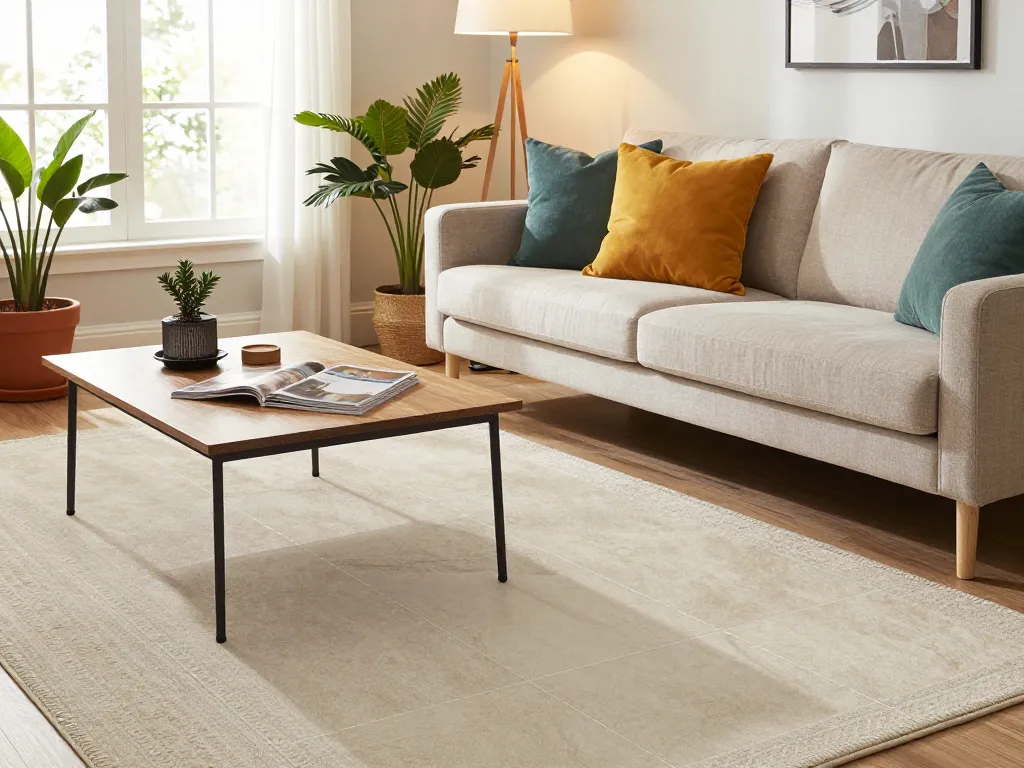 Elegant living room featuring Sunvin ceramic tiles, stylish decor, and natural light.