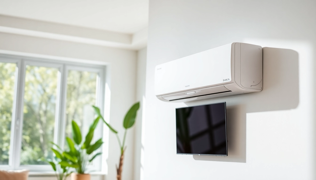 Showcase of a Daikin mini split AC installed in a stylish living room.