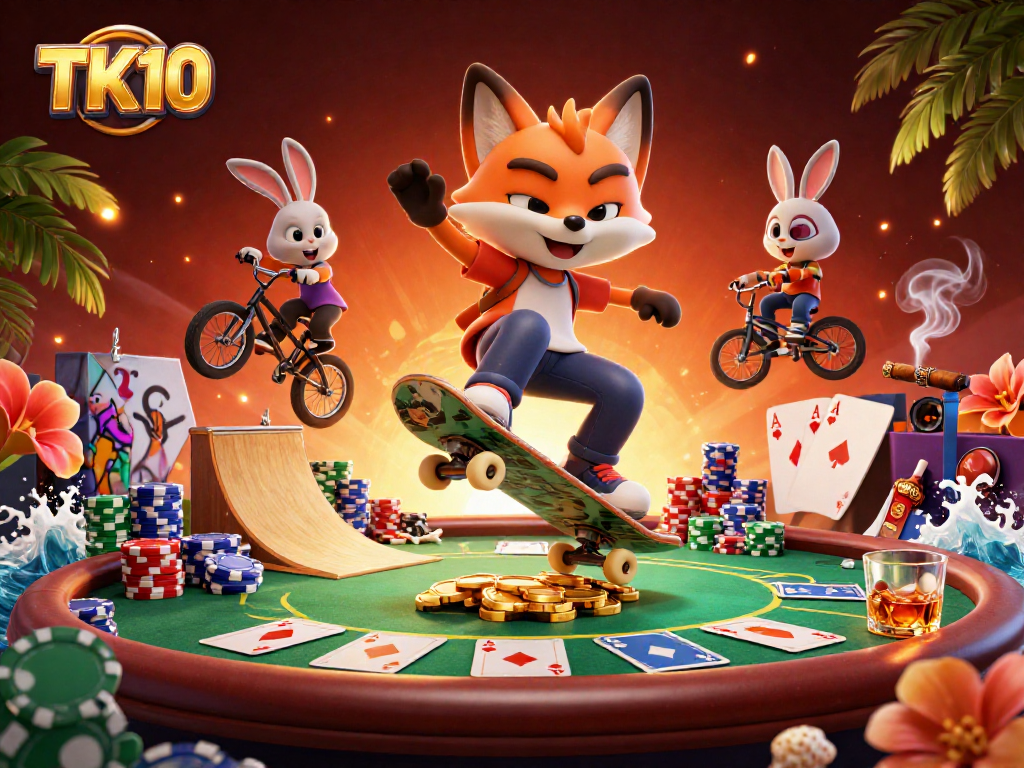 Win big at TK10 with a thrilling 3D betting scene filled with poker and casino elements.