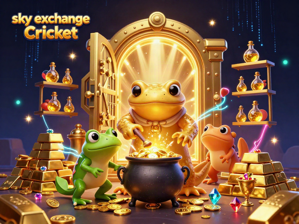 Engage in sky exchange Cricket with a vibrant scene showcasing alchemy, gold coins, and dynamic betting elements.