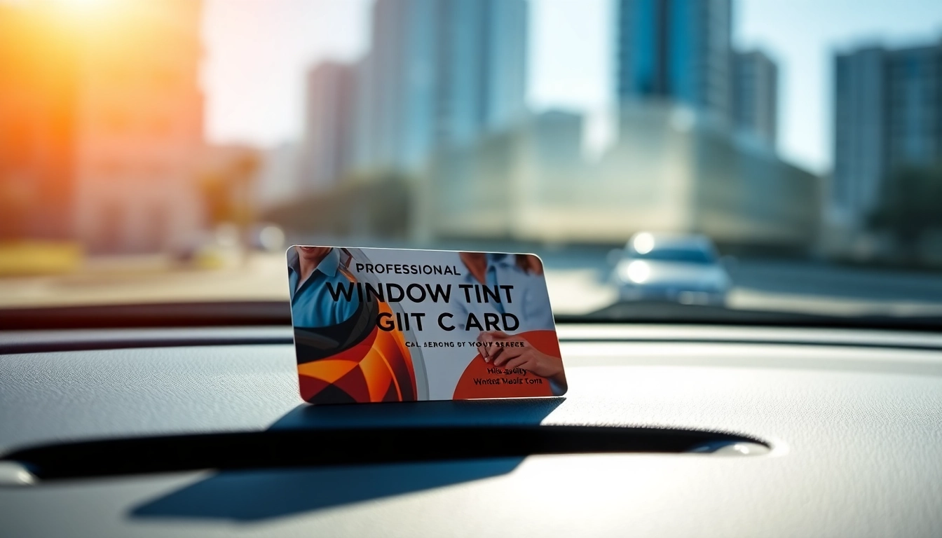 Present a window tint gift card artistically displayed, encapsulating luxury and automotive elegance.